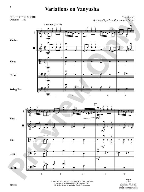 Variations on Vanyusha – String Orchestra Conductor Score & Parts (Digital Download)