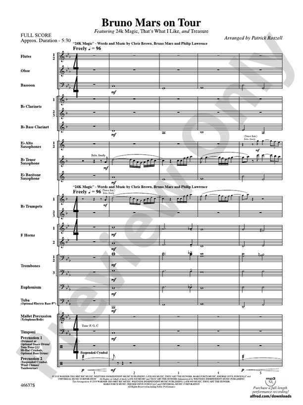Bruno Mars on Tour - Concert Band Conductor Score & Parts (Digital Download)