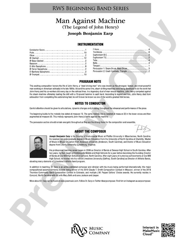 Man Against Machine - The Legend of John Henry - Concert Band Conductor Score & Parts (Digital Download)