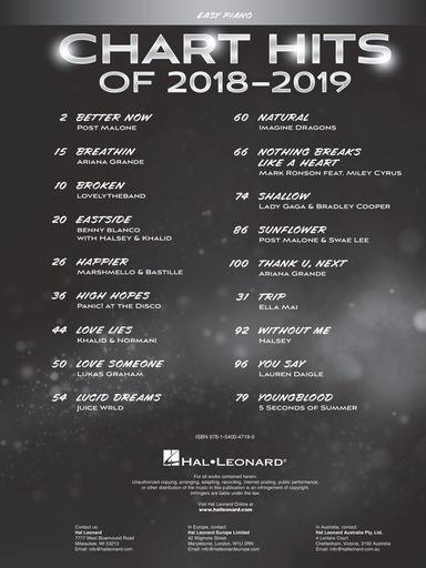 Chart Hits Of 2018-2019 - 18 Hot Singles - Easy Piano - Hal Leonard