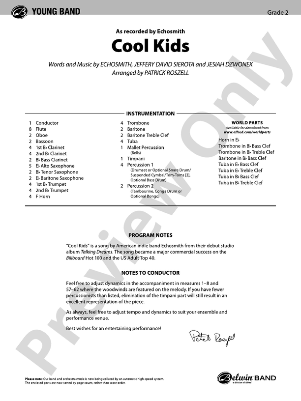 Cool Kids - Concert Band Conductor Score & Parts (Digital Download)