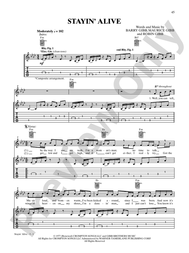 Stayin' Alive (from "Saturday Night Fever") - Interm./Easy Guitar TAB (Digital Download)
