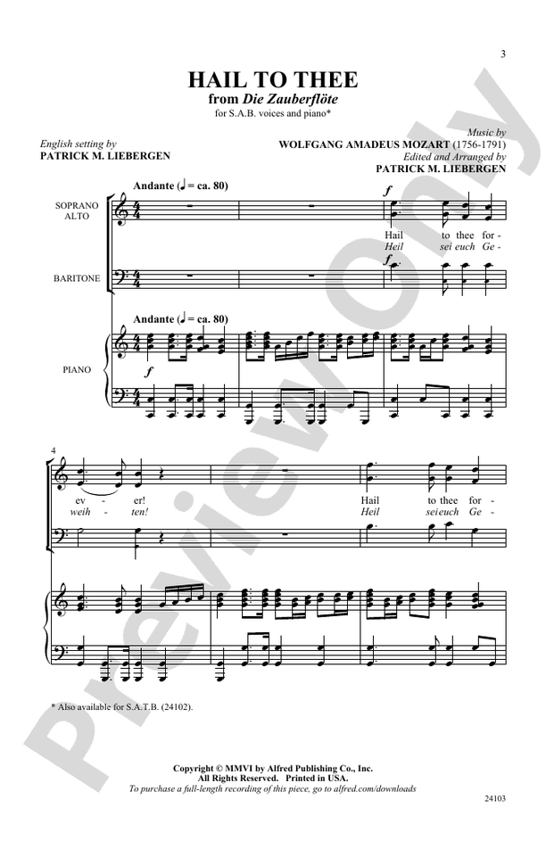 Hail to Thee (from Die Zauberflote) – SAB Choral Octavo (Digital Download)