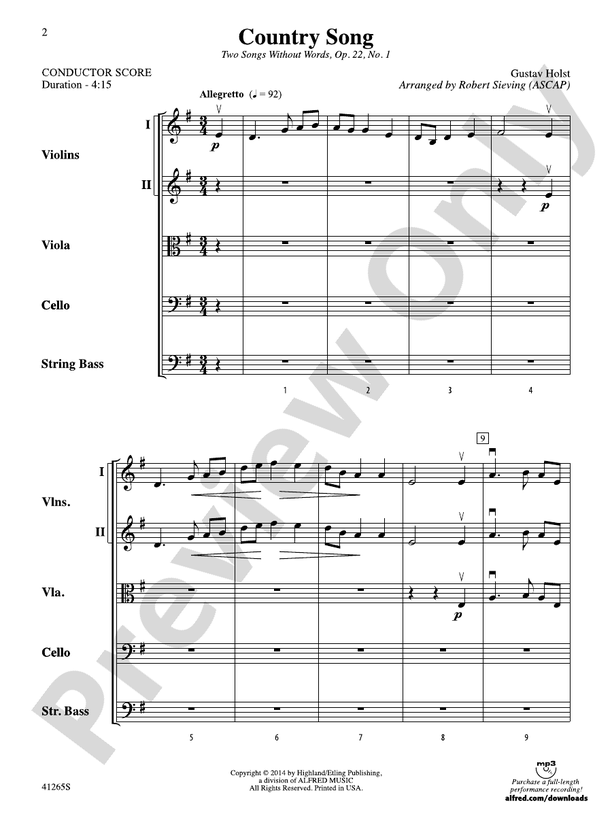 Country Song – String Orchestra Conductor Score & Parts (Digital Download)