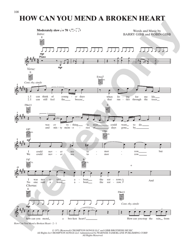 How Can You Mend a Broken Heart - Interm./Easy Guitar TAB (Digital Download)