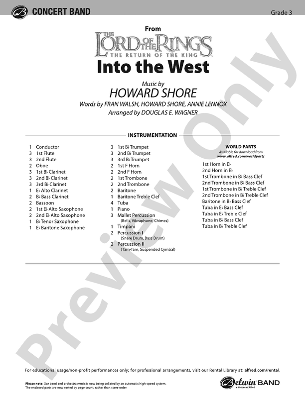 Into the West (from The Lord of the Rings: The Return of the King) - Concert Band Conductor Score & Parts (Digital Download)