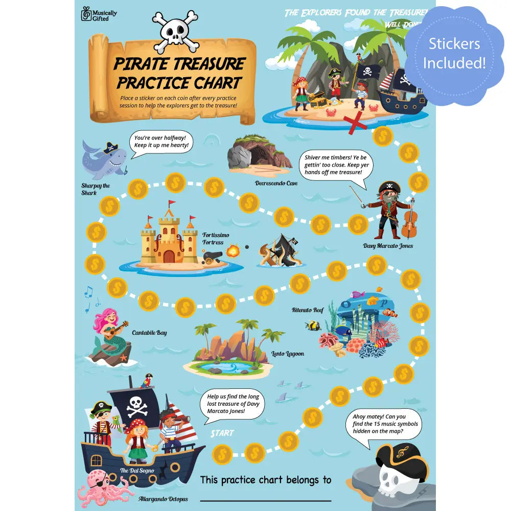 Pirate Treasure A3 Music Practice Chart by Musically Gifted