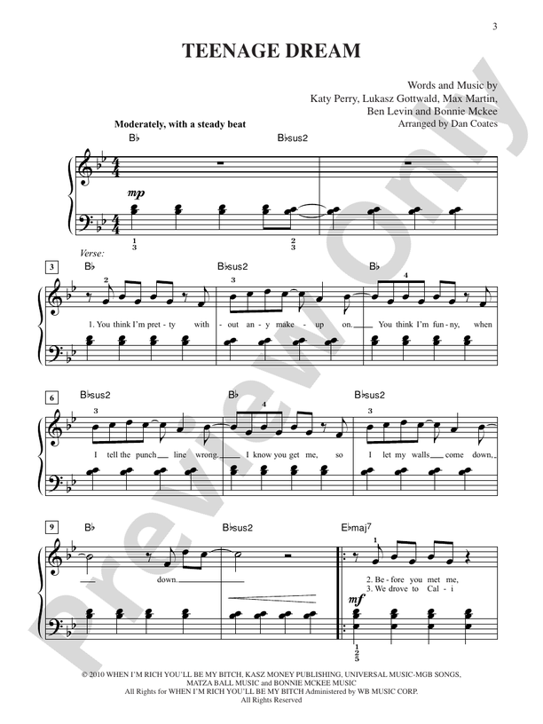 Teenage Dream - Arr. Dan Coates - Easy Piano (Digital Download)