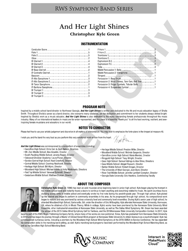 And Her Light Shines - Concert Band Conductor Score & Parts (Digital Download)
