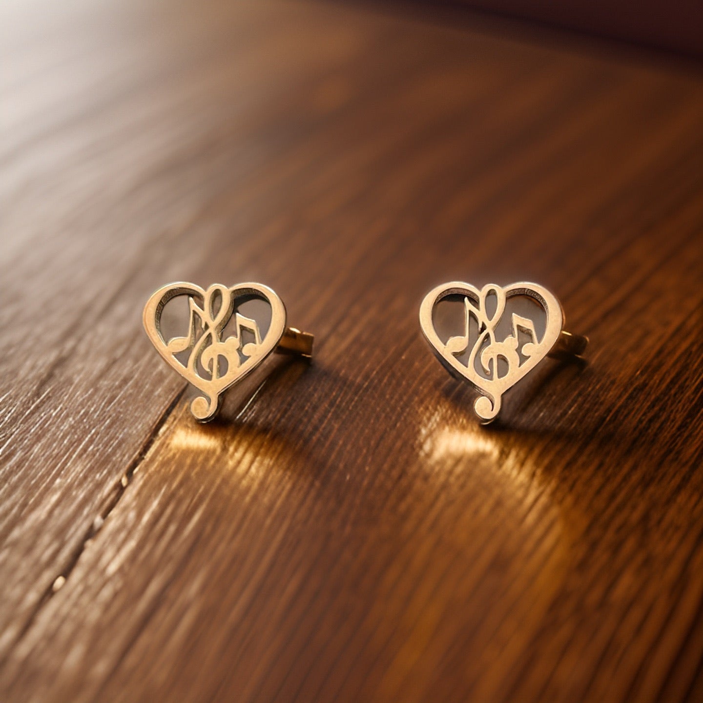 Heart Shaped Treble Clef and Notes Stud Earrings Rose Gold