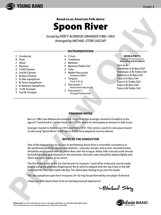Spoon River - Concert Band Conductor Score & Parts (Digital Download)
