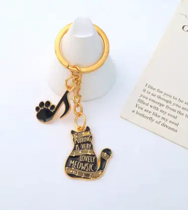 Keyring Black Cat Purring is Very Lovely Music with a Black Paw Note