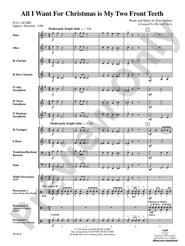 All I Want for Christmas Is My Two Front Teeth - Concert Band Conductor Score & Parts (Digital Download)