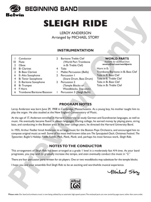 Sleigh Ride (Grade 1 Arr. Michael Story) - Concert Band Conductor Score & Parts (Digital Download)
