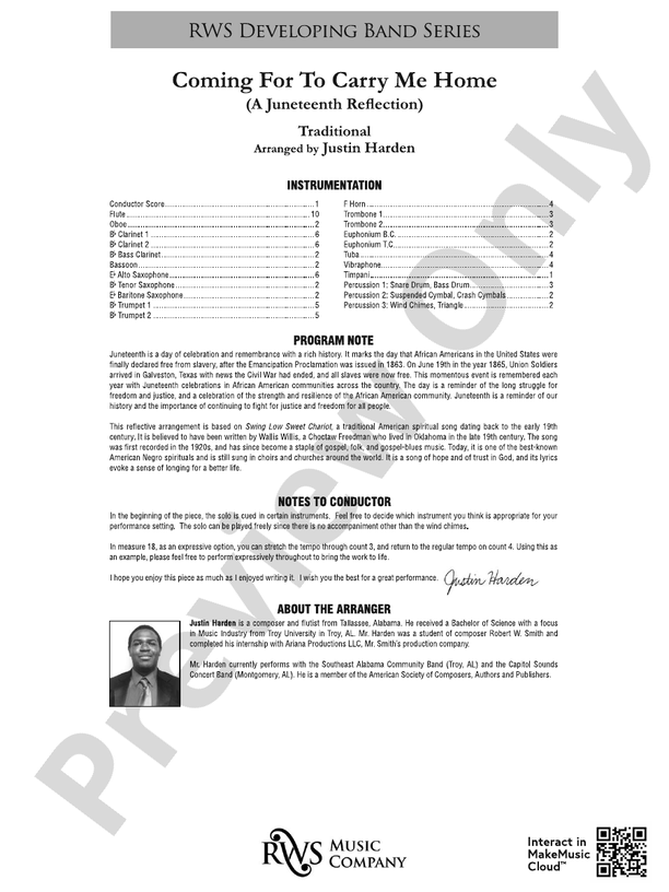 Coming for to Carry Me Home - A Juneteenth Reflection - Concert Band Conductor Score & Parts (Digital Download)