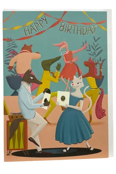 Greeting Card Animals Dancing at a Party Happy Birthday