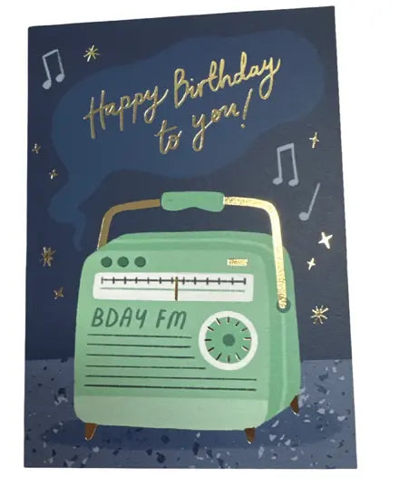 Greeting Card Happy Birthday to You Gold Embossed with a Retro Radio