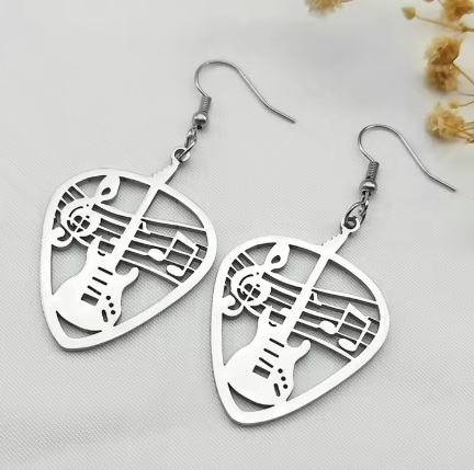 Silver Drop Earrings Guitar Pick Shape with a Guitar on a Stave