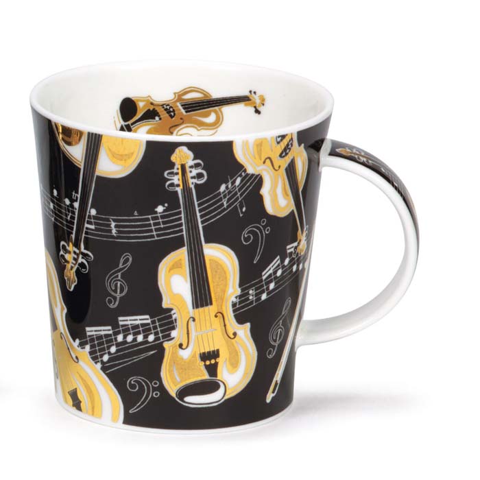 Mug - medium. black with gold violins & white staff & notes. DUNOON.