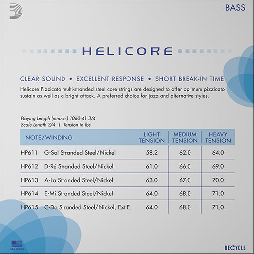 D'Addario Helicore Pizzicato Double Bass String Set 3/4