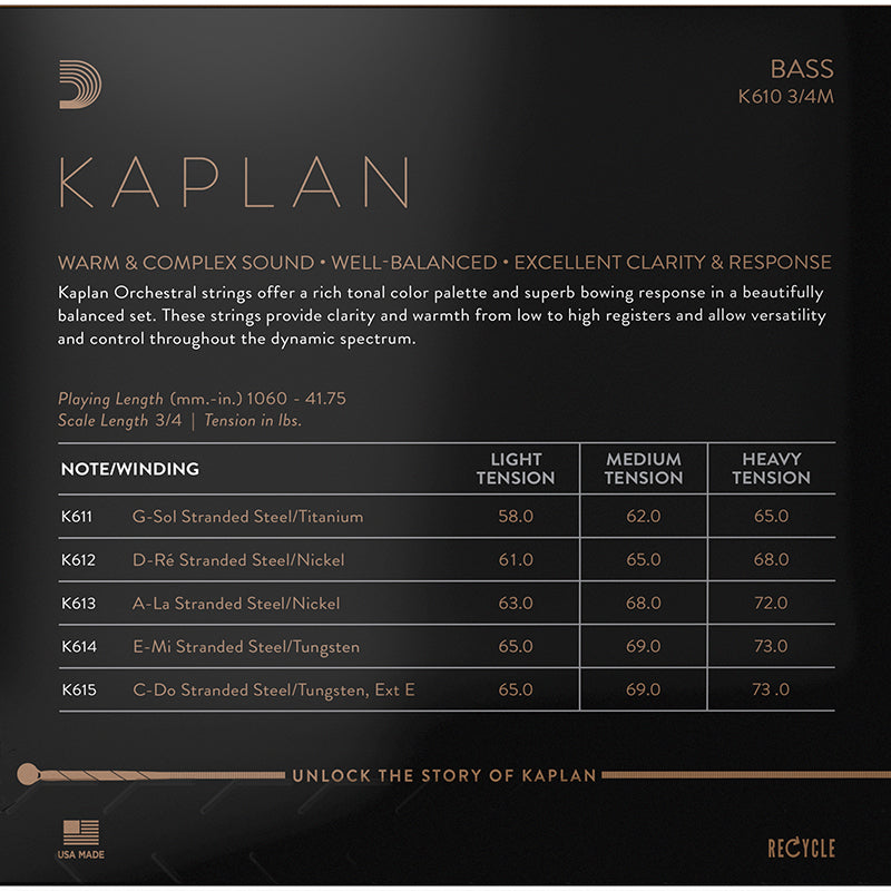 D'Addario Kaplan Bass Set, 3/4, Medium Tension