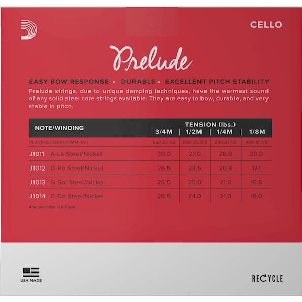 D'Addario Prelude Cello, D (Med), 1/2