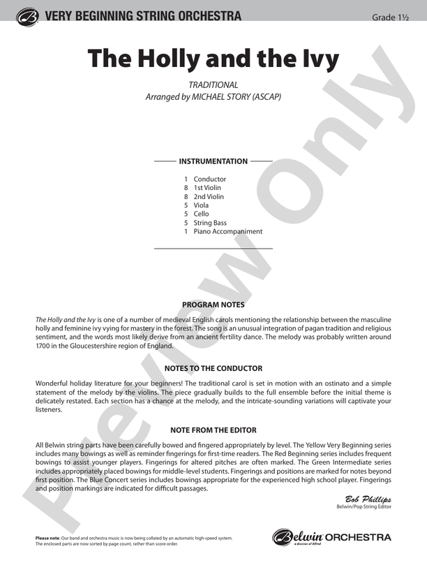 The Holly and the Ivy (Grade 1.5) – String Orchestra Conductor Score & Parts (Digital Download)