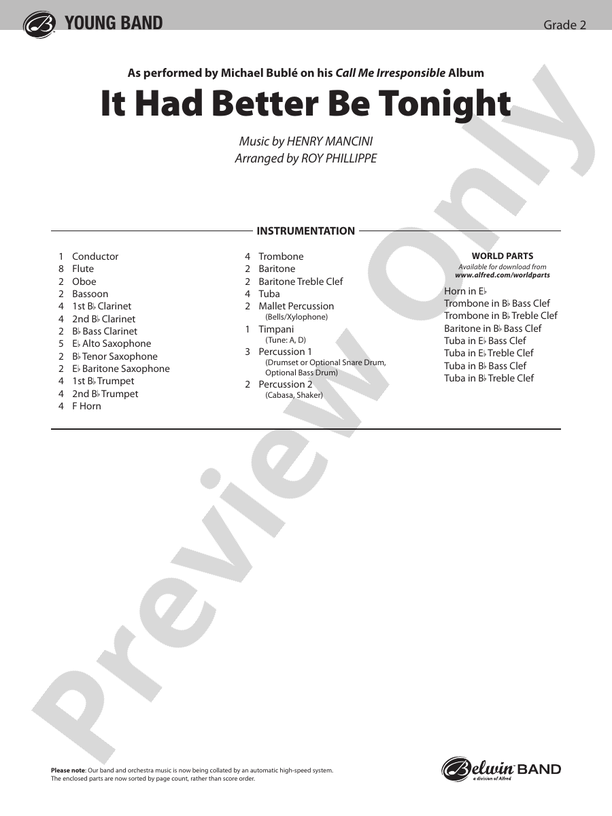 It Had Better Be Tonight (Meglio Stasera) - Concert Band Conductor Score & Parts (Digital Download)