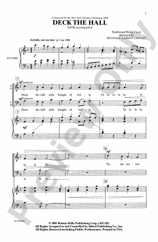 Deck the Hall - Arr. Michael Larkin – SATB Choral Octavo (Digital Download)