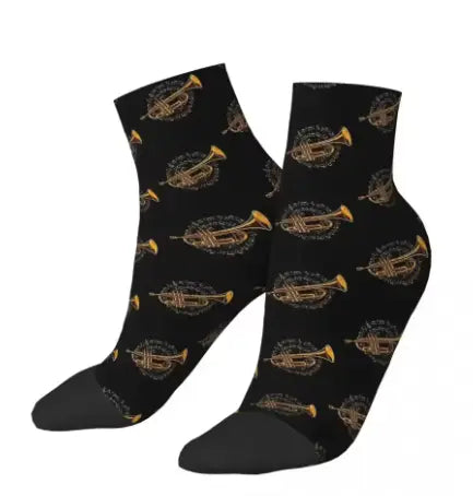 Socks Black with a Gold Trumpet on a Gold Circle of Notes and Clefs
