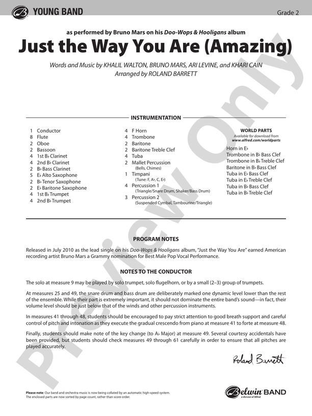 Just the Way You Are (Amazing) Arr. Roland Barrett - Concert Band Conductor Score & Parts (Digital Download)