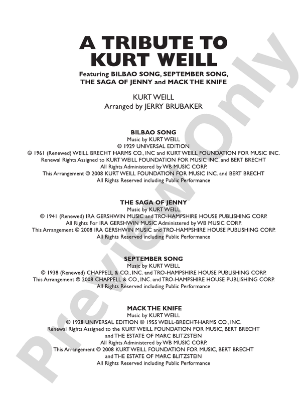 A Tribute to Kurt Weill - Concert Band Conductor Score & Parts (Digital Download)