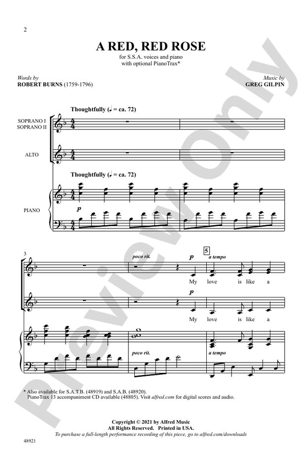 A Red, Red Rose - SSA Choral Octavo (Digital Download)