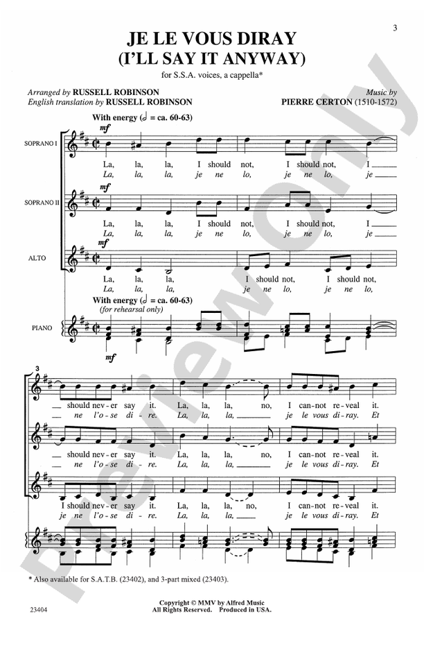 Je le Vous Diray – SSA, a cappella Choral Octavo - Digital Sheet Music Download (Digital Download)