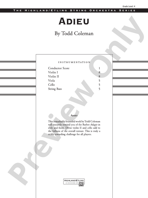 Adieu – String Orchestra Conductor Score & Parts (Digital Download)