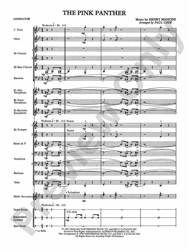 The Pink Panther (Arr. Paul Cook) - Concert Band Conductor Score & Parts (Digital Download)