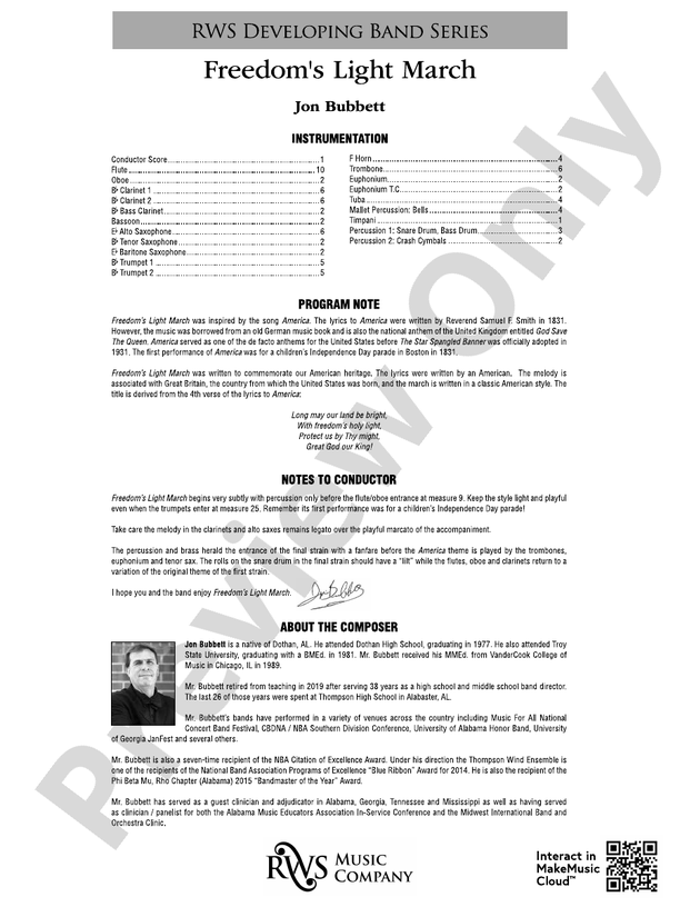 Freedom's Light March - Concert Band Conductor Score & Parts (Digital Download)