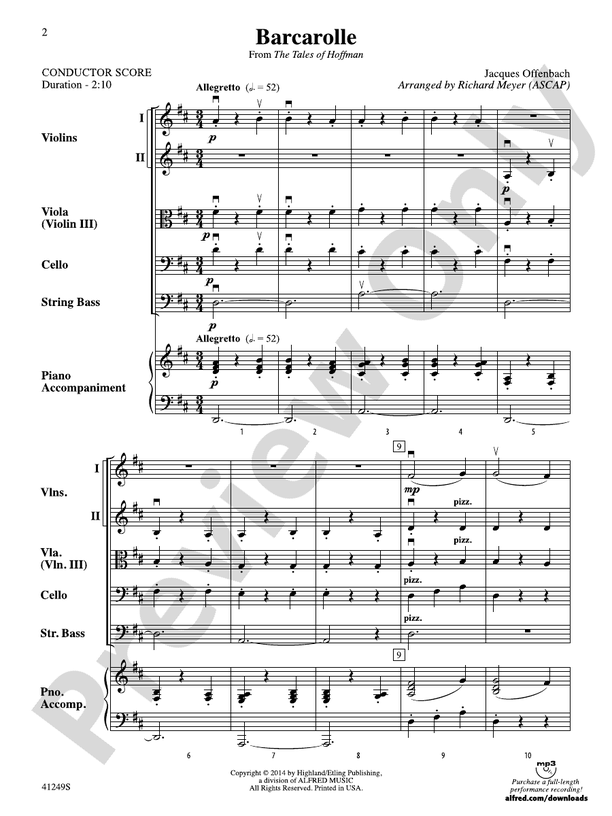 Barcarolle (from The Tales of Hoffman) – String Orchestra Conductor Score & Parts (Digital Download)