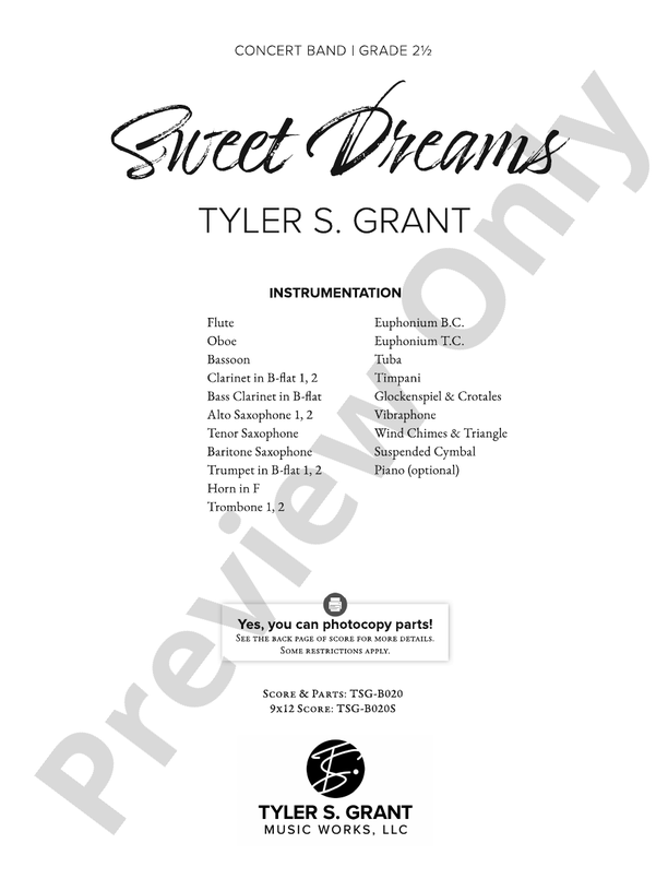 Sweet Dreams - Concert Band Conductor Score & Parts (Digital Download)
