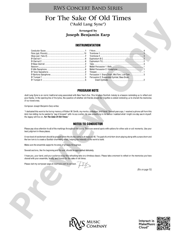 For the Sake of Old Times ("Auld Lang Syne") - Concert Band Conductor Score & Parts(Digital Download)