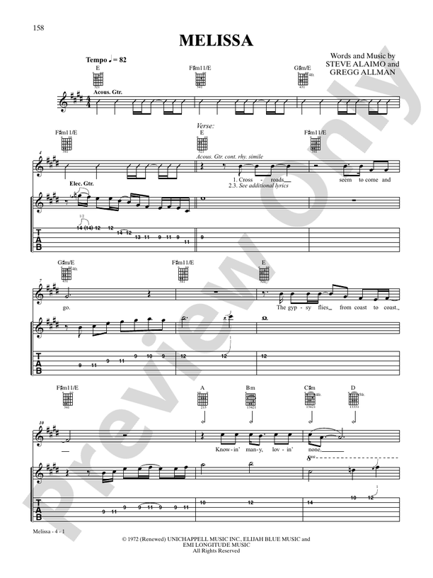 Melissa - Interm./Easy Guitar TAB (Digital Download)