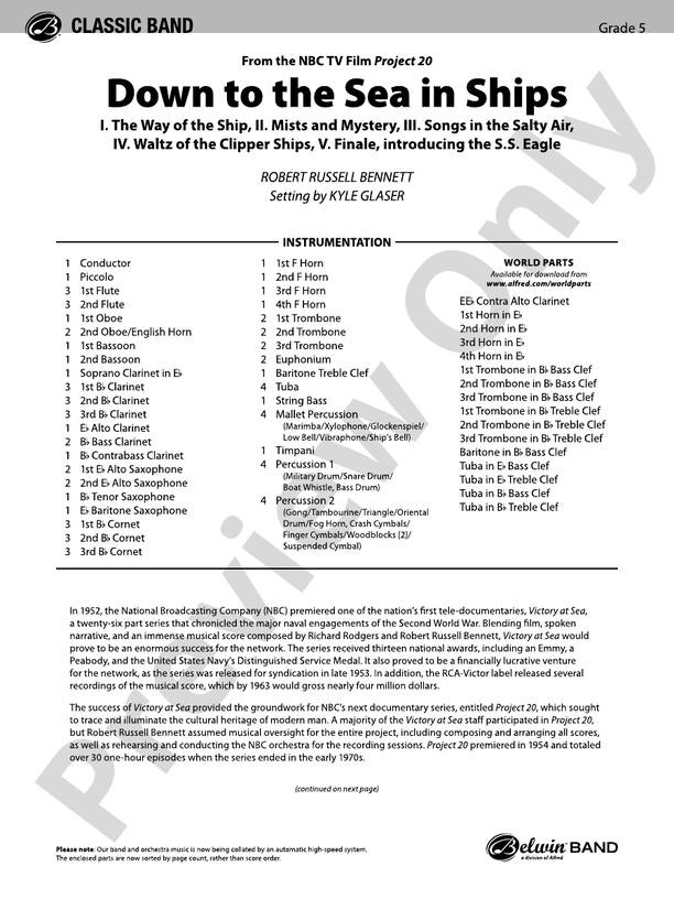 Down to the Sea in Ships (from the NBC TV Film Project 20) - Concert Band Conductor Score & Parts (Digital Download)