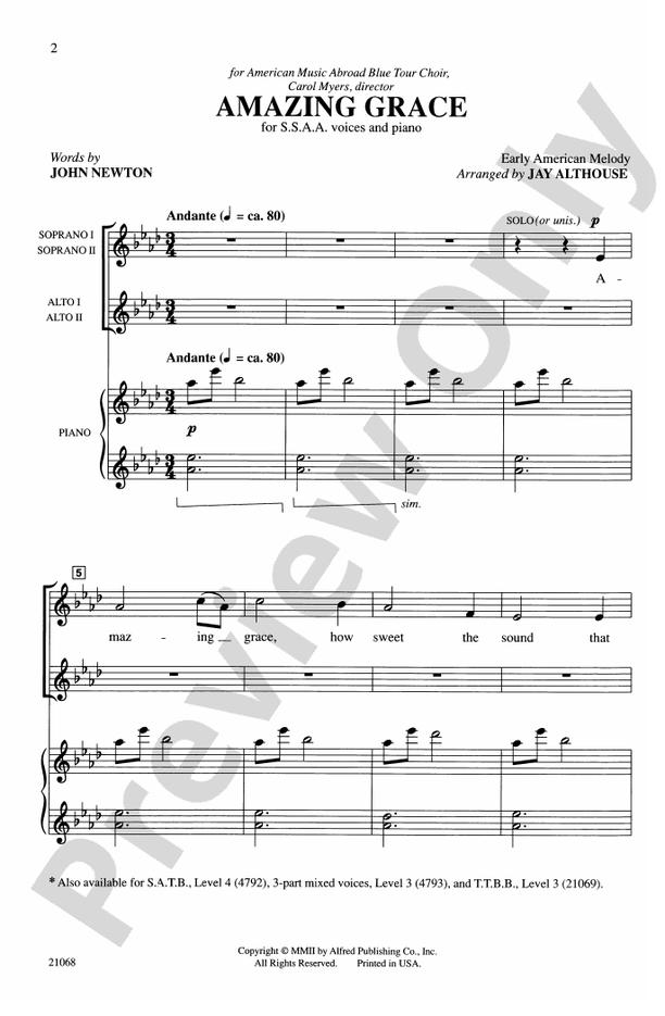 Amazing Grace - SSAA Choral Octavo (Digital Download)