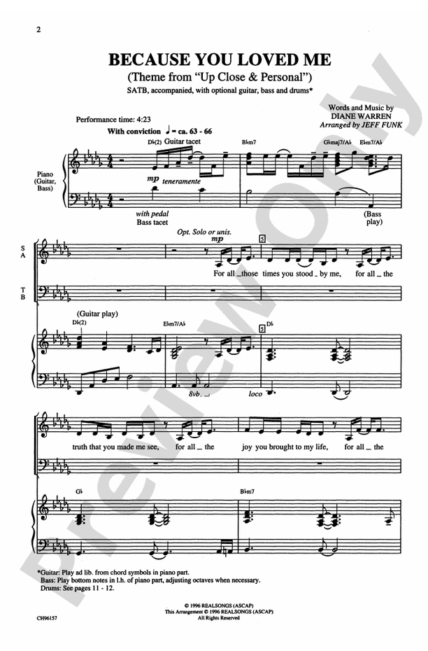 Because You Loved Me (Theme from Up Close & Personal) – SATB Choral Octavo (Digital Download)