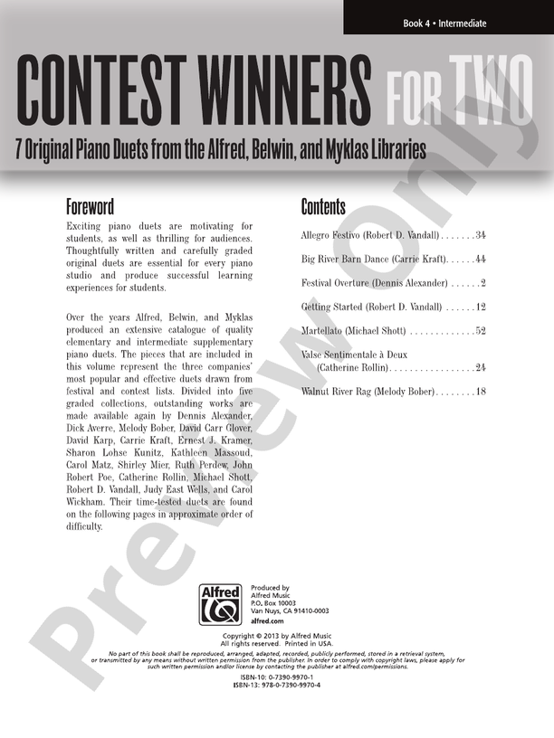 Contest Winners for Two, Book 4: 7 Original Piano Duets from the Alfred, Belwin, and Myklas Libraries - 1 Piano, 4 Hands (Digital Download)