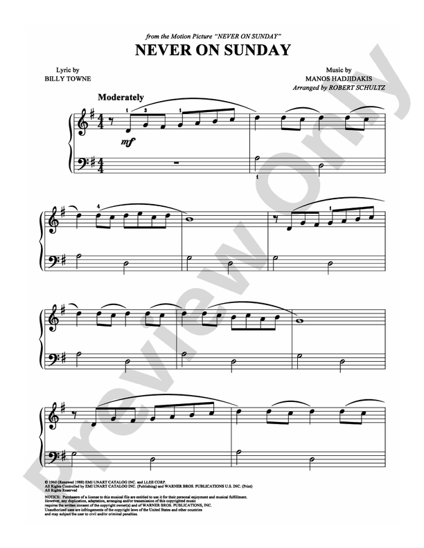 Never On Sunday - Arr. Robert Schultz - Easy Piano (Digital Download)