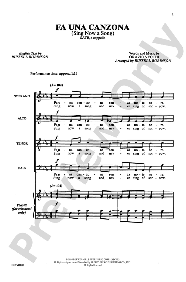 Fa Una Canzona (Sing Now a Song) – SATB, a cappella Choral Octavo (Digital Download)
