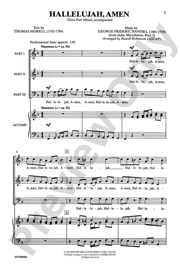 Hallelujah, Amen (from Judas Maccabaeus) - Arr. Russell L. Robinson – 3-Part Mixed Choral Octavo (Digital Download)