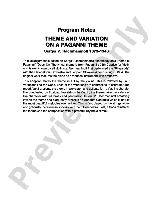 Variations on a Paganini Theme – Full Orchestra Conductor Score & Parts (Digital Download)