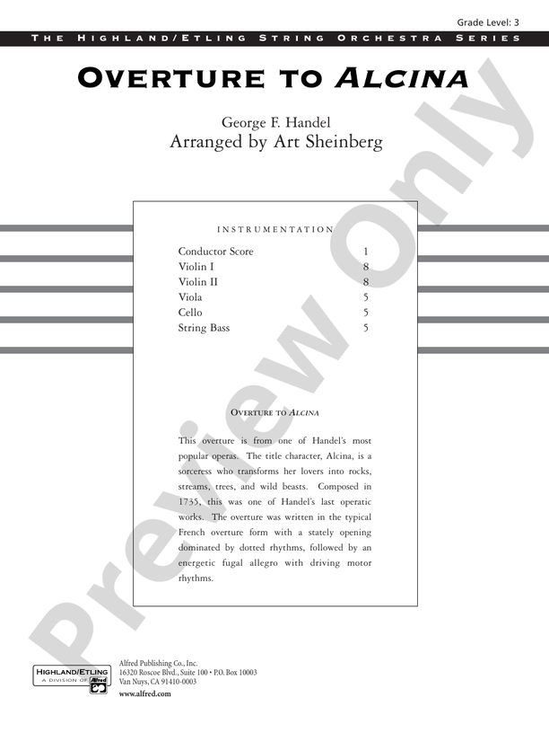 Overture from Alcina – String Orchestra Conductor Score & Parts (Digital Download)